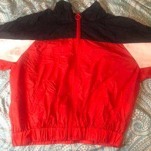 Red, Black, and White windbreaker jacket. Very comfortable and stylish!
